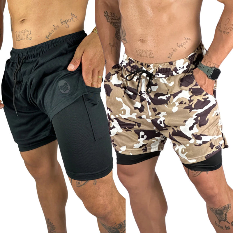 Kit 2 Bermudas 2 em 1 Sports Para Academia Masculina