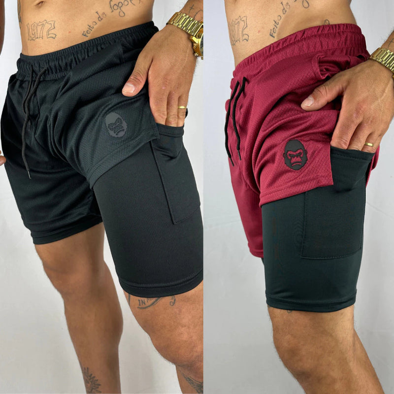 Kit 2 Bermudas 2 em 1 Sports Para Academia Masculina