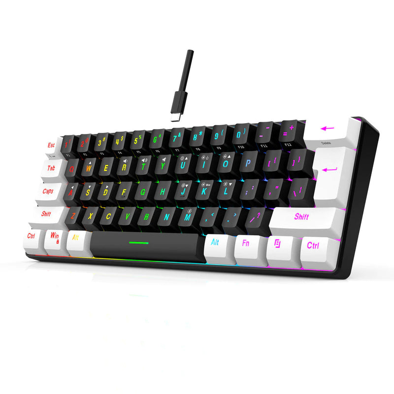 Teclado com fio 61-Key RGB Backlight Mini Compact USB-C Cabo de alimentação plugável