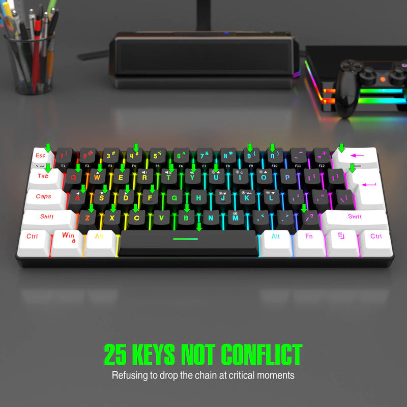 Teclado com fio 61-Key RGB Backlight Mini Compact USB-C Cabo de alimentação plugável